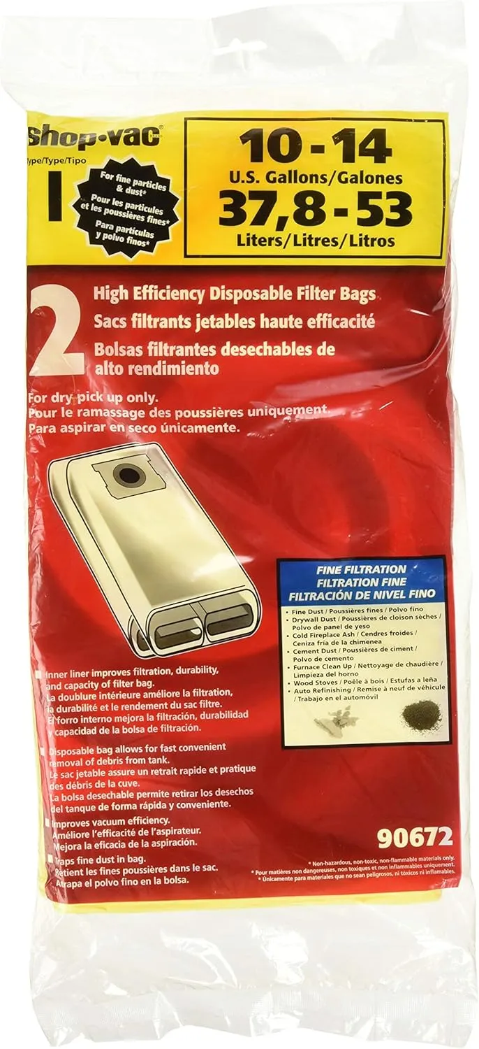 Shop-Vac 9067233 Disposable Collection Vacuum Filter Bags, Fits 10-14 Gallon Tanks, Heavy-Duty Paper, (2-Pack)