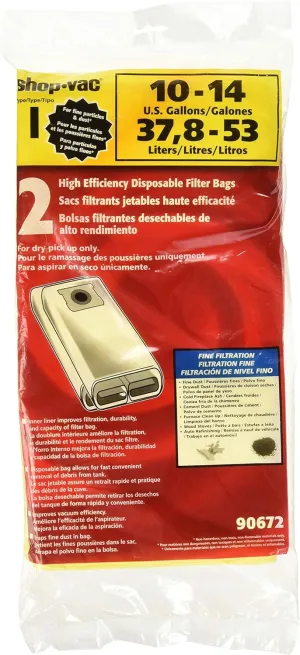 Shop-Vac 9067233 Disposable Collection Vacuum Filter Bags, Fits 10-14 Gallon Tanks, Heavy-Duty Paper, (2-Pack)