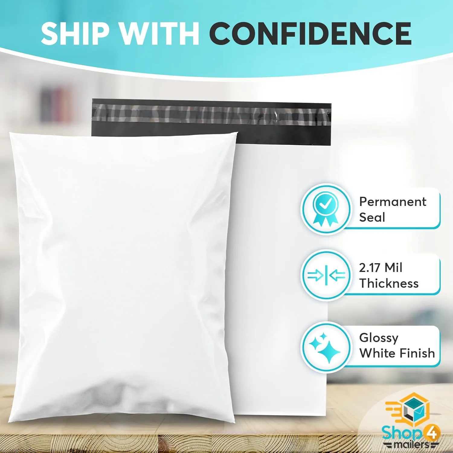 Shop4Mailers 14.5 x 19 Glossy White Plastic Self Seal Poly Mailer Flat Bags Waterproof Shipping Envelope 2.17 Mil for Apparel, Clothes, Shirts, Books – Permanent Adhesive Seal (100 Pack)