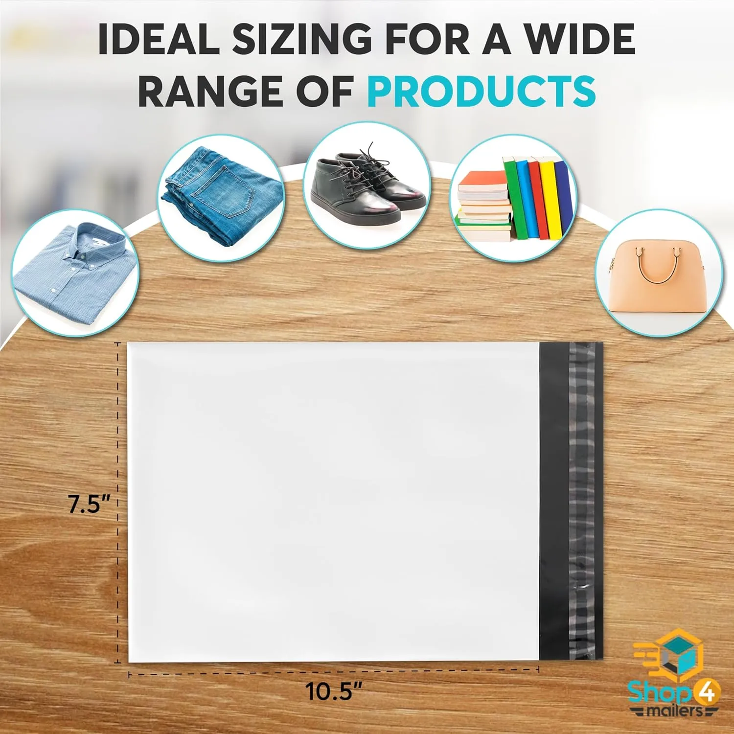 Shop4Mailers 7.5 x 10.5 Glossy White Plastic Self Seal Poly Mailer Flat Bags Waterproof Shipping Envelope 1.7 Mil for Apparel, Clothes, Shirts, Books – Permanent Adhesive Seal (1000 Pack)