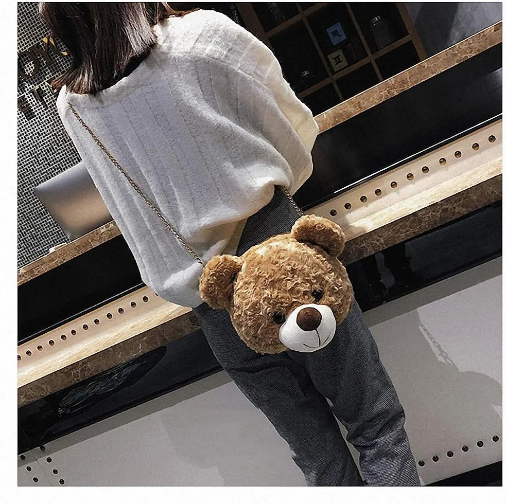 Shoulder Bag Cartoon Faux Fur Teddy Bear Head Handbag for Women Cute Bag Lovely Crossbody Plush Purse