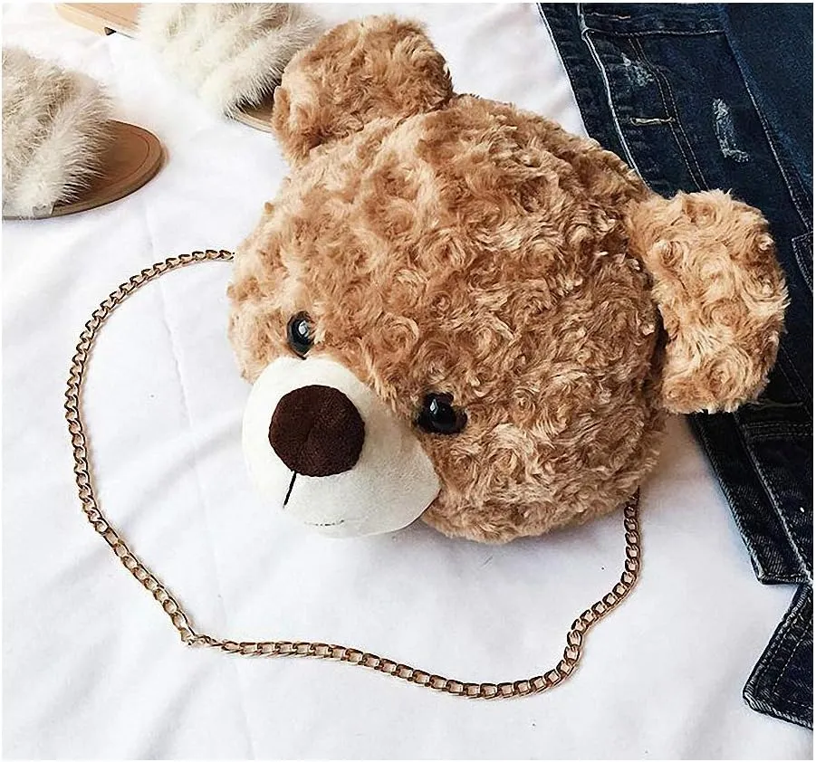 Shoulder Bag Cartoon Faux Fur Teddy Bear Head Handbag for Women Cute Bag Lovely Crossbody Plush Purse