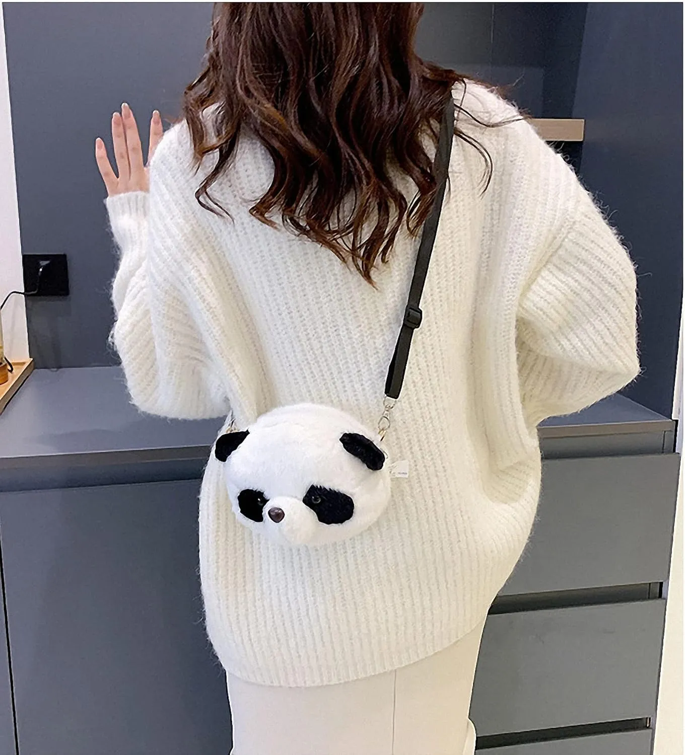 Shoulder Bag Cartoon Faux Fur Teddy Bear Head Handbag for Women Cute Bag Lovely Crossbody Plush Purse