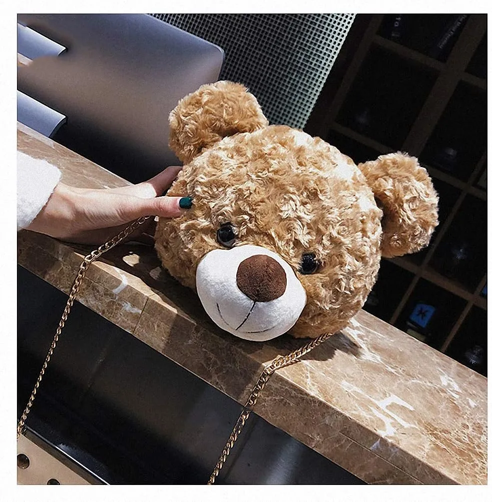 Shoulder Bag Cartoon Faux Fur Teddy Bear Head Handbag for Women Cute Bag Lovely Crossbody Plush Purse