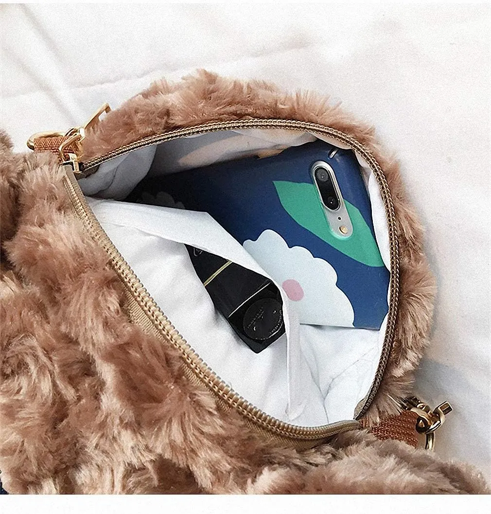 Shoulder Bag Cartoon Faux Fur Teddy Bear Head Handbag for Women Cute Bag Lovely Crossbody Plush Purse