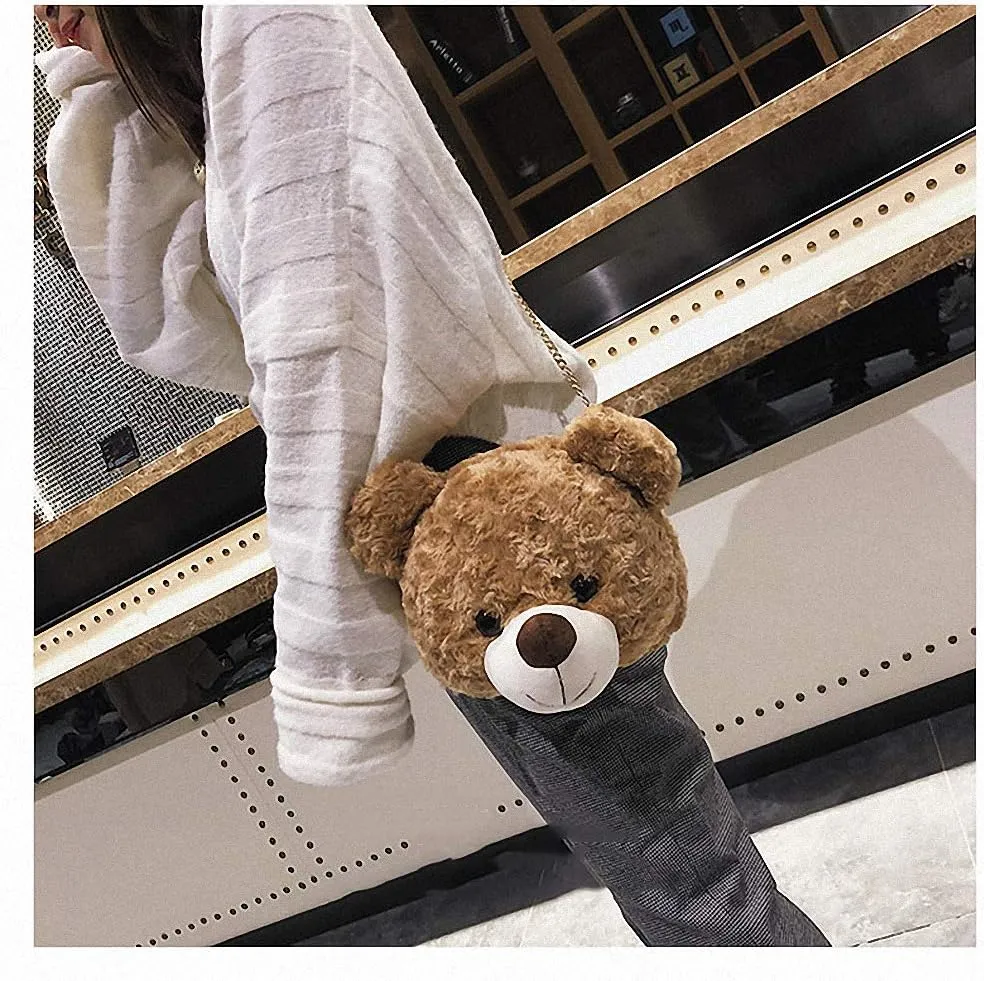 Shoulder Bag Cartoon Faux Fur Teddy Bear Head Handbag for Women Cute Bag Lovely Crossbody Plush Purse