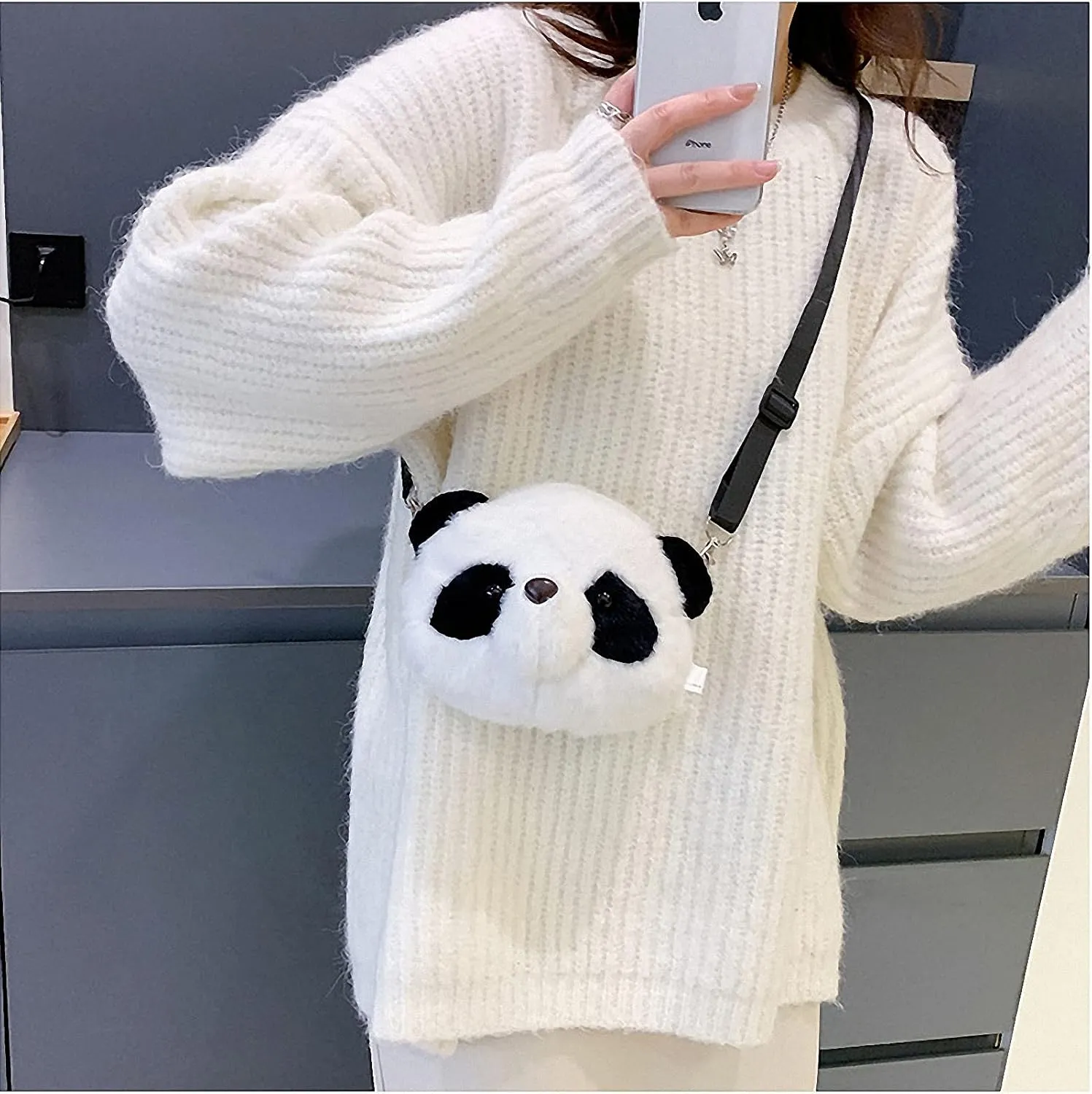 Shoulder Bag Cartoon Faux Fur Teddy Bear Head Handbag for Women Cute Bag Lovely Crossbody Plush Purse