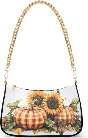 Shoulder Bags for Women Autumn Pumpkins and Fall Leaves Hobo Tote Handbag Small Clutch Purse with Zipper Closure