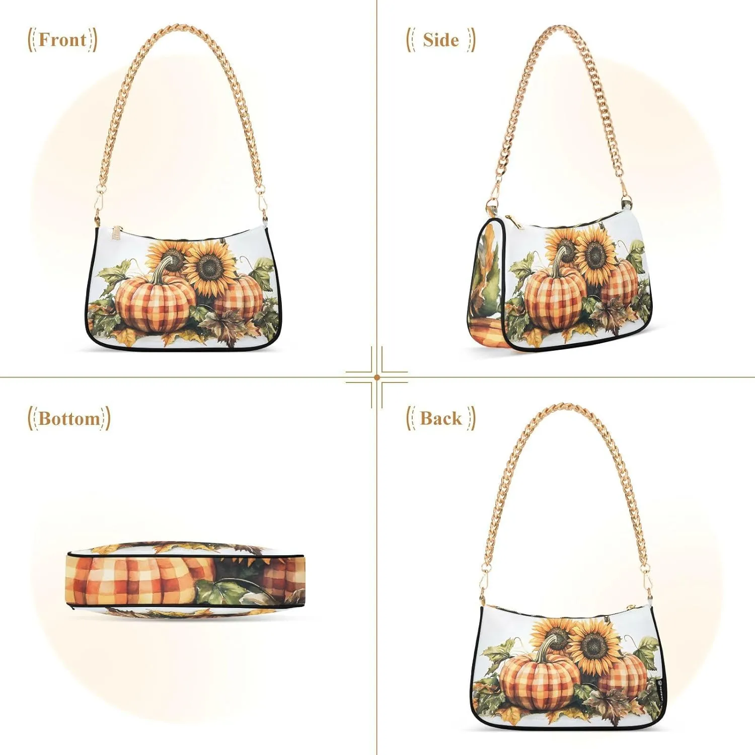 Shoulder Bags for Women Autumn Pumpkins and Fall Leaves Hobo Tote Handbag Small Clutch Purse with Zipper Closure