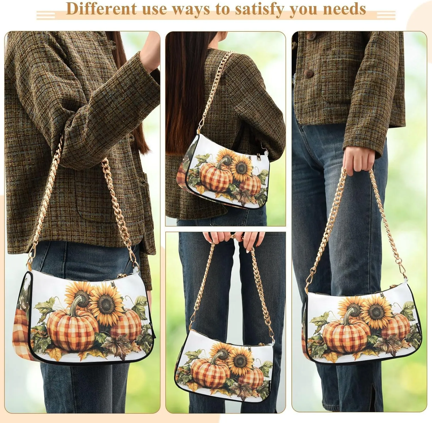 Shoulder Bags for Women Autumn Pumpkins and Fall Leaves Hobo Tote Handbag Small Clutch Purse with Zipper Closure