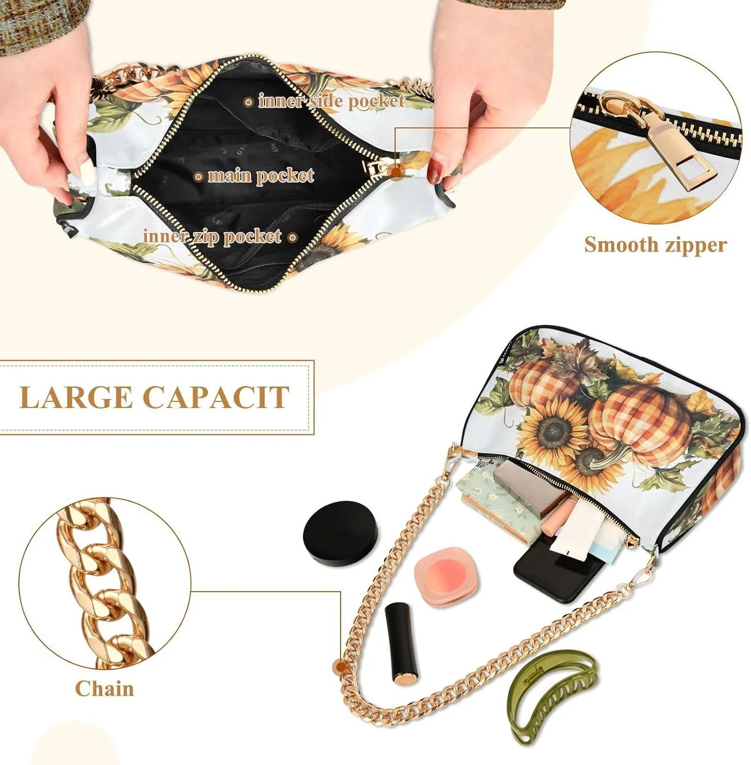 Shoulder Bags for Women Autumn Pumpkins and Fall Leaves Hobo Tote Handbag Small Clutch Purse with Zipper Closure