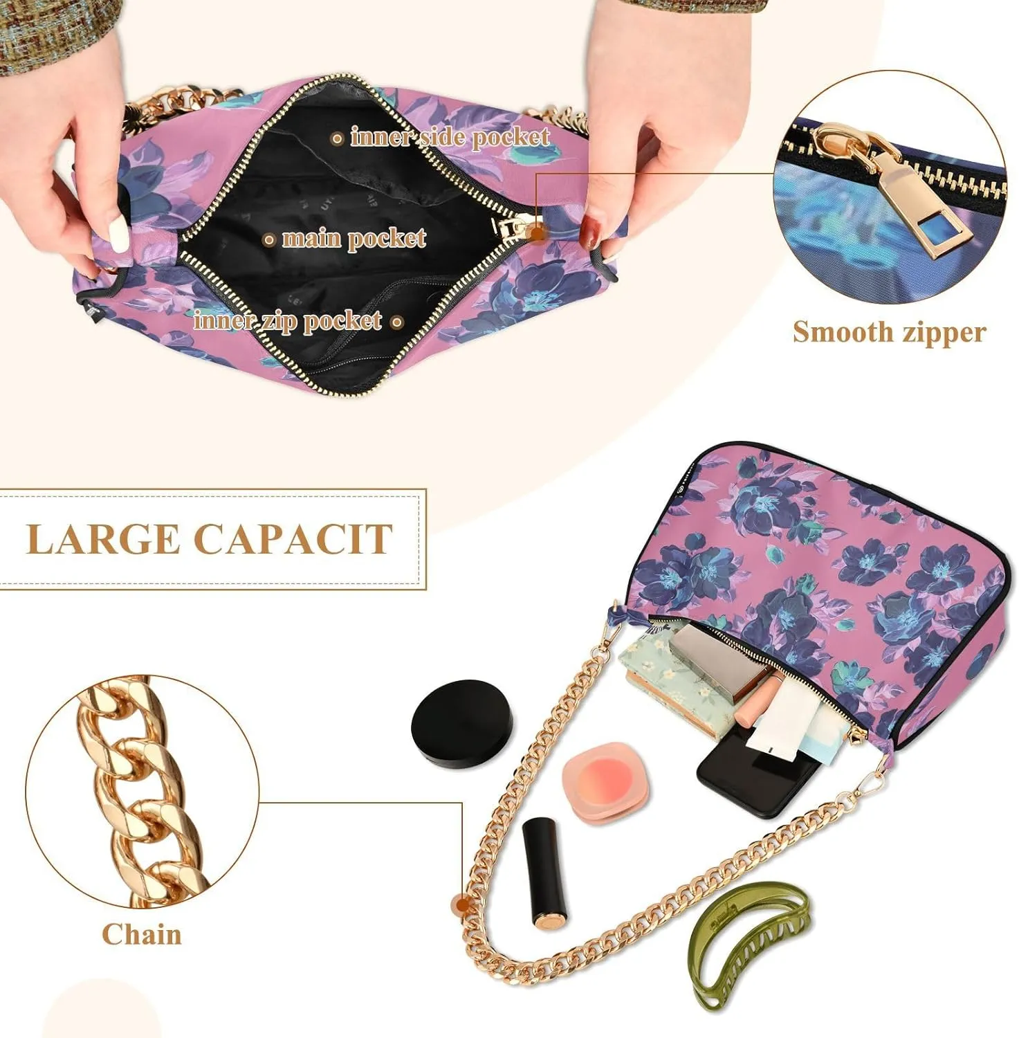 Shoulder Bags for Women Flowers Handbag Small Clutch Purse with Zipper Closure Multicolor 1