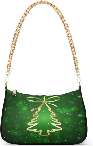 Shoulder Bags for Women, Green Background with Christmas Tree Hobo Tote Handbag wallet Mini Purse with Zipper
