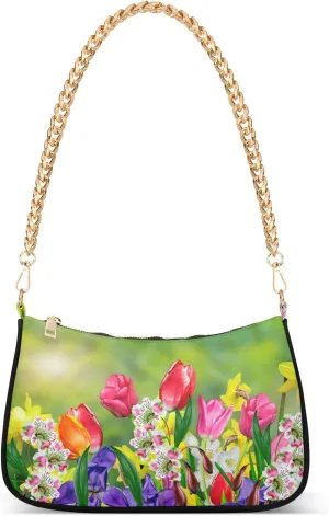 Shoulder Bags for Women Spring Flowers Daffodils and Tulips Hobo Tote Handbag Small Clutch Purse with Zipper Closure