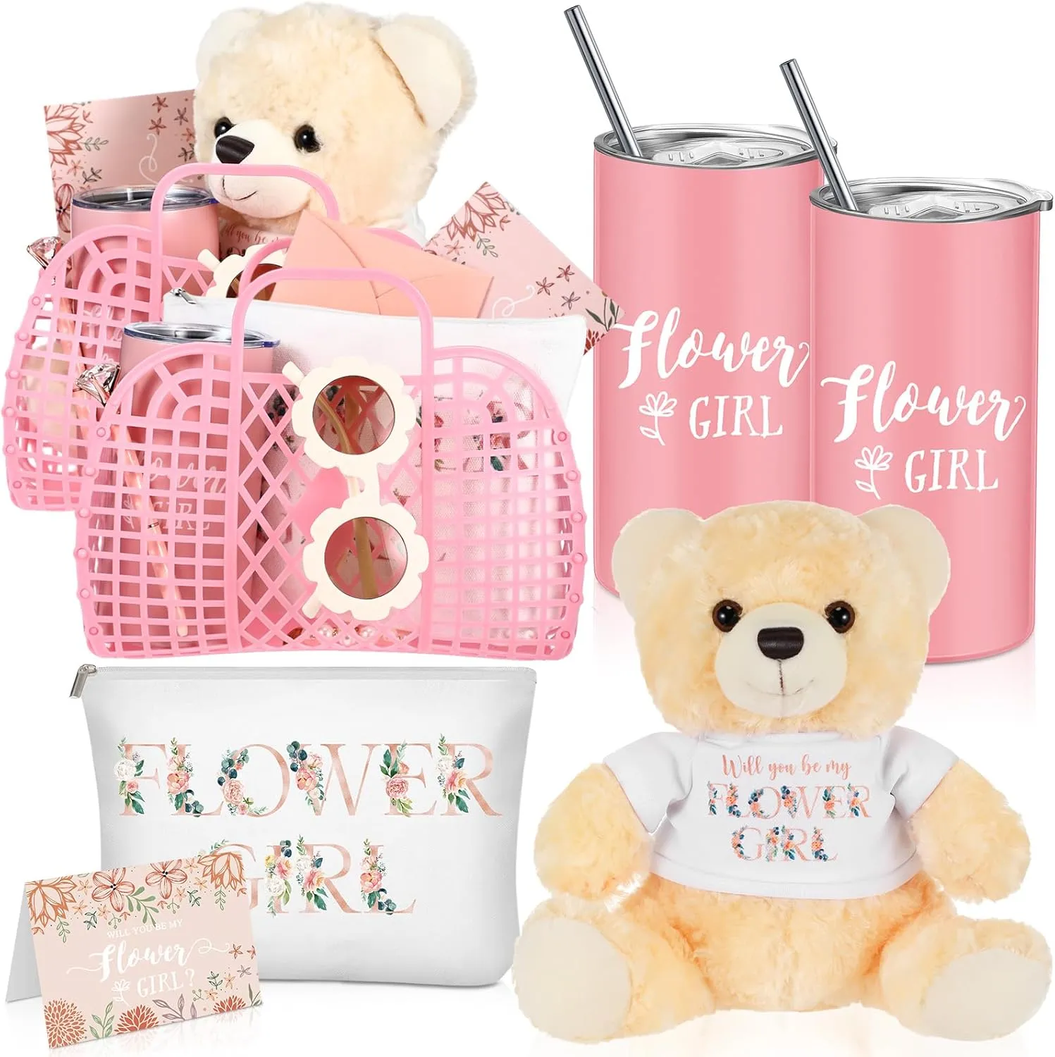 Sieral 2 Sets 18 Pcs Flower Girl Jelly Basket Set Including Flower Girl Tumbler Bear Sunglasses Makeup Bag Bracelet Proposal Card with Pen Envelope Plastic Handbag for Wedding Bridal Shower (Pink)