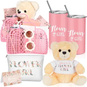 Sieral 2 Sets 18 Pcs Flower Girl Jelly Basket Set Including Flower Girl Tumbler Bear Sunglasses Makeup Bag Bracelet Proposal Card with Pen Envelope Plastic Handbag for Wedding Bridal Shower (Pink)