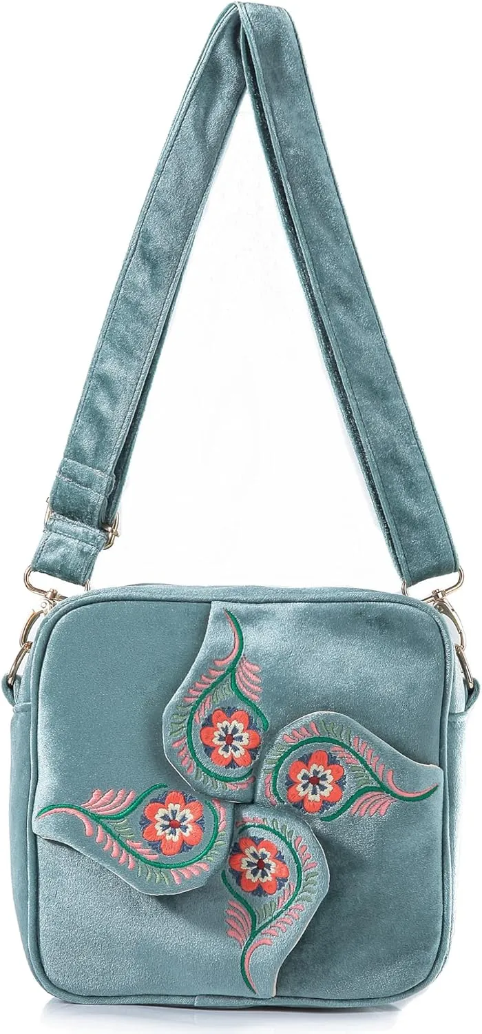 SILKAREA Crossbody Purse for Women Small Crossbody Bags Trendy Embroidered Velvet Shoulder Handbags with Adjustable Strap