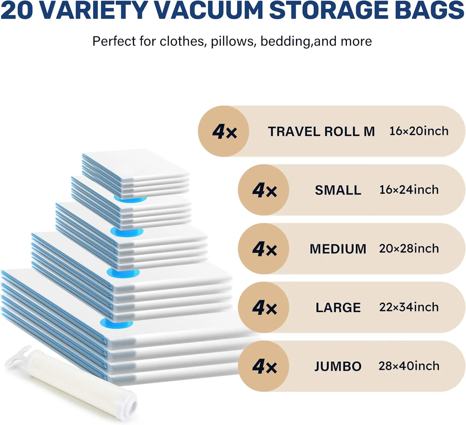 Simple Deluxe 20 Pack Space Saver Bags (4 Jumbo/4 Large/4 Medium/4 Small/4 Roll M) Vacuum Storage Bags, Vacuum Seal Bags with Hand Pump for Comforters, Blankets, Bedding, Pillows and Clothes