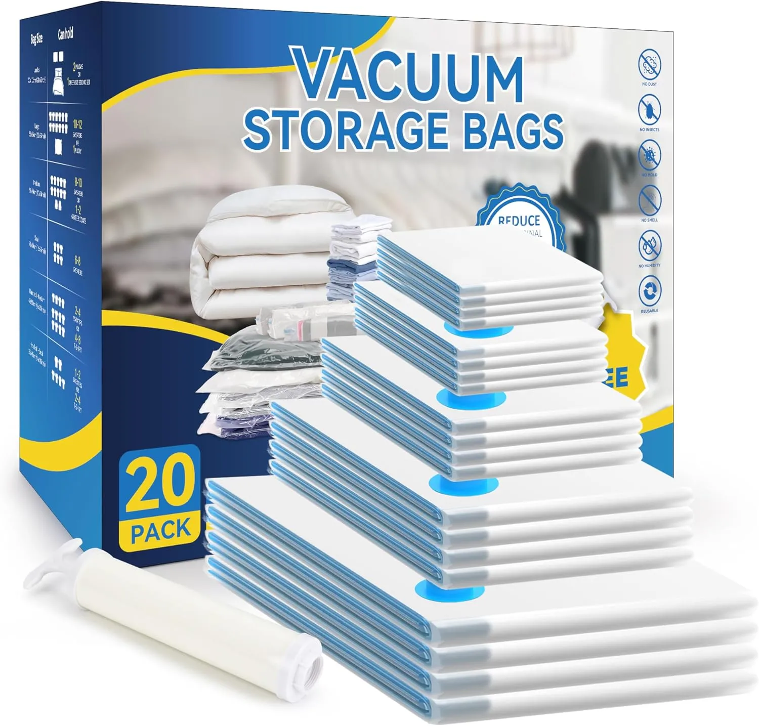 Simple Deluxe 20 Pack Space Saver Bags (4 Jumbo/4 Large/4 Medium/4 Small/4 Roll M) Vacuum Storage Bags, Vacuum Seal Bags with Hand Pump for Comforters, Blankets, Bedding, Pillows and Clothes