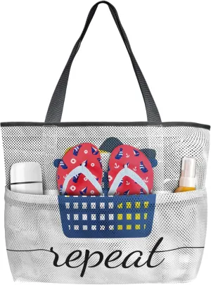 Simple Drawn Laundry Basket Beach Tote Bag for Women, Laundry Room Repeat Routine Mesh Beach Bags Waterproof Sandproof, Outdoor Picnic Swim Pool Handbag - Large Beach Bag with Zipper and Pockets