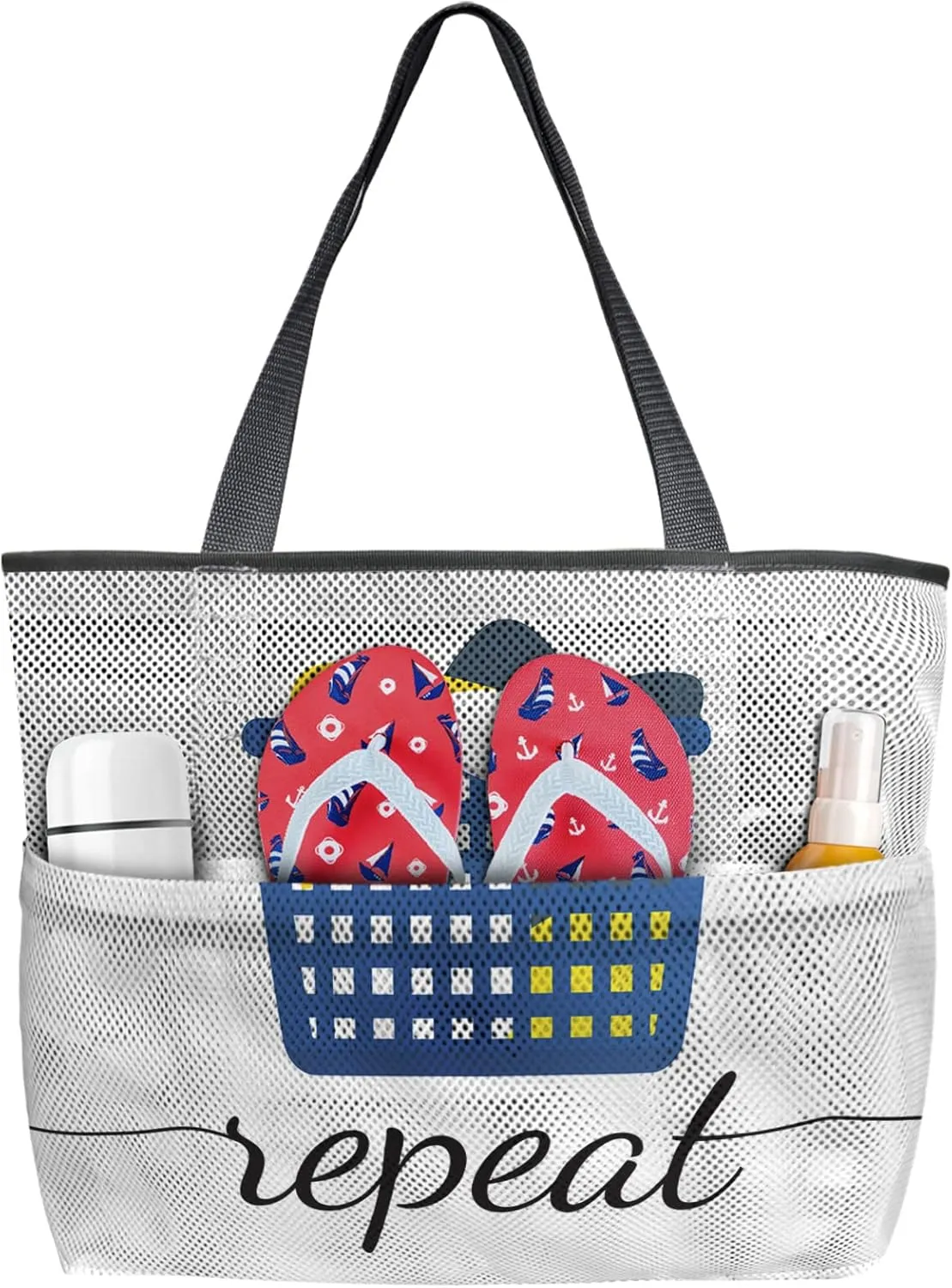 Simple Drawn Laundry Basket Beach Tote Bag for Women, Laundry Room Repeat Routine Mesh Beach Bags Waterproof Sandproof, Outdoor Picnic Swim Pool Handbag - Large Beach Bag with Zipper and Pockets