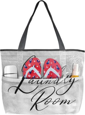 Simple Word Art Laundry Room Beach Tote Bag for Women, White Laundry Routine Mesh Beach Bags Waterproof Sandproof, Outdoor Picnic Swim Pool Handbag - Large Beach Bag with Zipper and Pockets