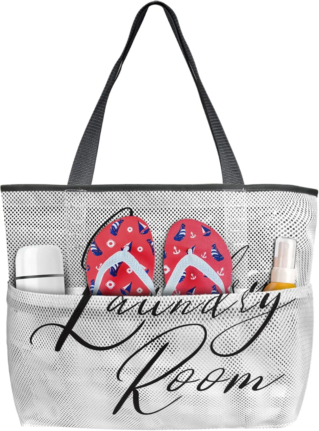 Simple Word Art Laundry Room Beach Tote Bag for Women, White Laundry Routine Mesh Beach Bags Waterproof Sandproof, Outdoor Picnic Swim Pool Handbag - Large Beach Bag with Zipper and Pockets