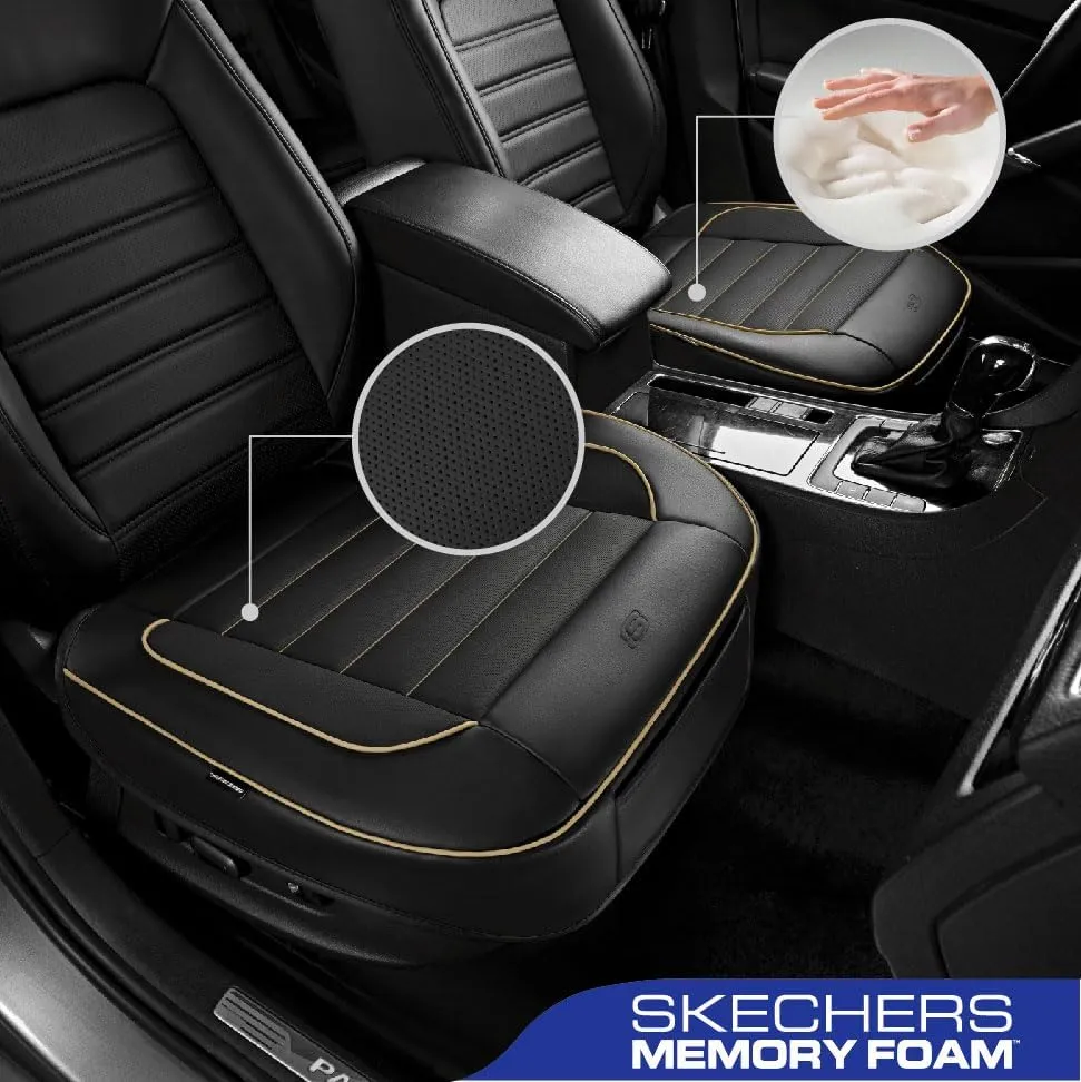 Skechers Car Seat Cover,Memory Foam Luxury Faux Leather Front Bottom Seat Cushion Cover,Universal Anti-Slip and Wrap Around The Bottom with Storage Bags,Suitable for Most Vehicles-1 Piece,Beige