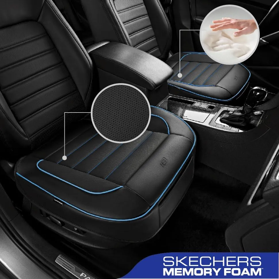 Skechers Car Seat Cover,Memory Foam Luxury Faux Leather Front Bottom Seat Cushion Cover,Universal Anti-Slip and Wrap Around The Bottom with Storage Bags,Suitable for Most Vehicles-1 Piece,Blue