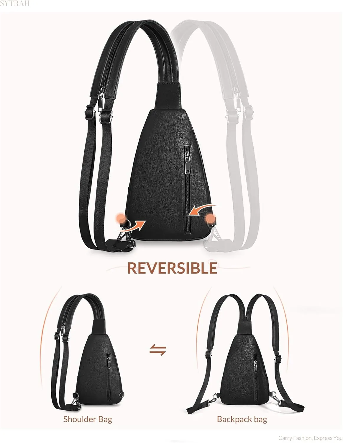 Sling Bag for Women, Crossbody Bags for Women Trendy Crossbody Purse Vegan Leather Sling Backpack Chest Bag with Dual Purpose Strap, Pure Black