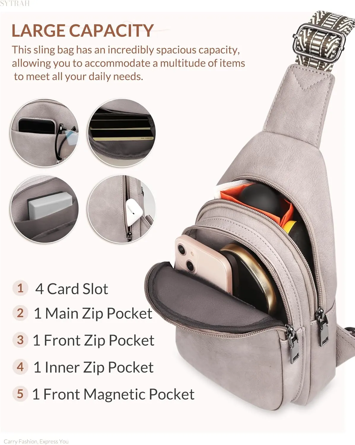 Sling Bag for Women, Crossbody Bags Purse for Women Trendy Vegan Leather Chest Bag with Adjustable Guitar Strap