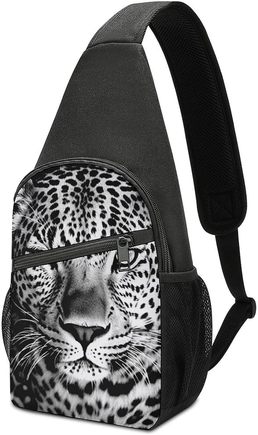 Sling Bags Black And White Leopard Face Chest Bag for Men Women Shoulder Bag for Travel Sport Chest Pack