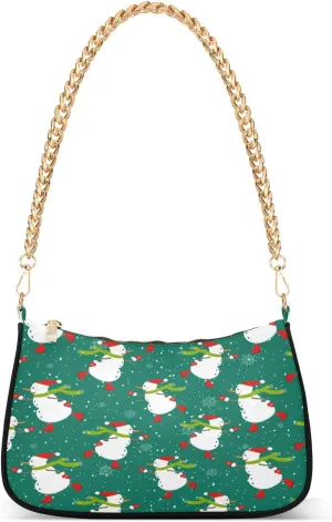Snowman Skating Snowflakes Snowfall Womens Shoulder Bag for Women Girls Hobo Tote Handbag Gold Chain Crossbody Bag with Zipper Bags Clutch Purse Handbags