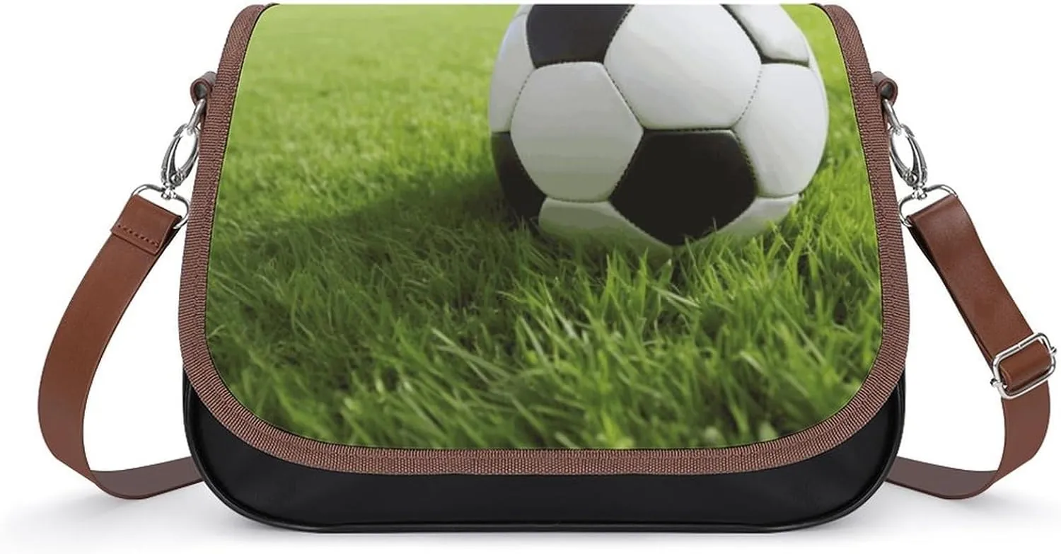 Soccer Ball On Grassy Shoulder Bags PU Leather Shoulder Handbag Large Capacity Crossbody Bag for Women