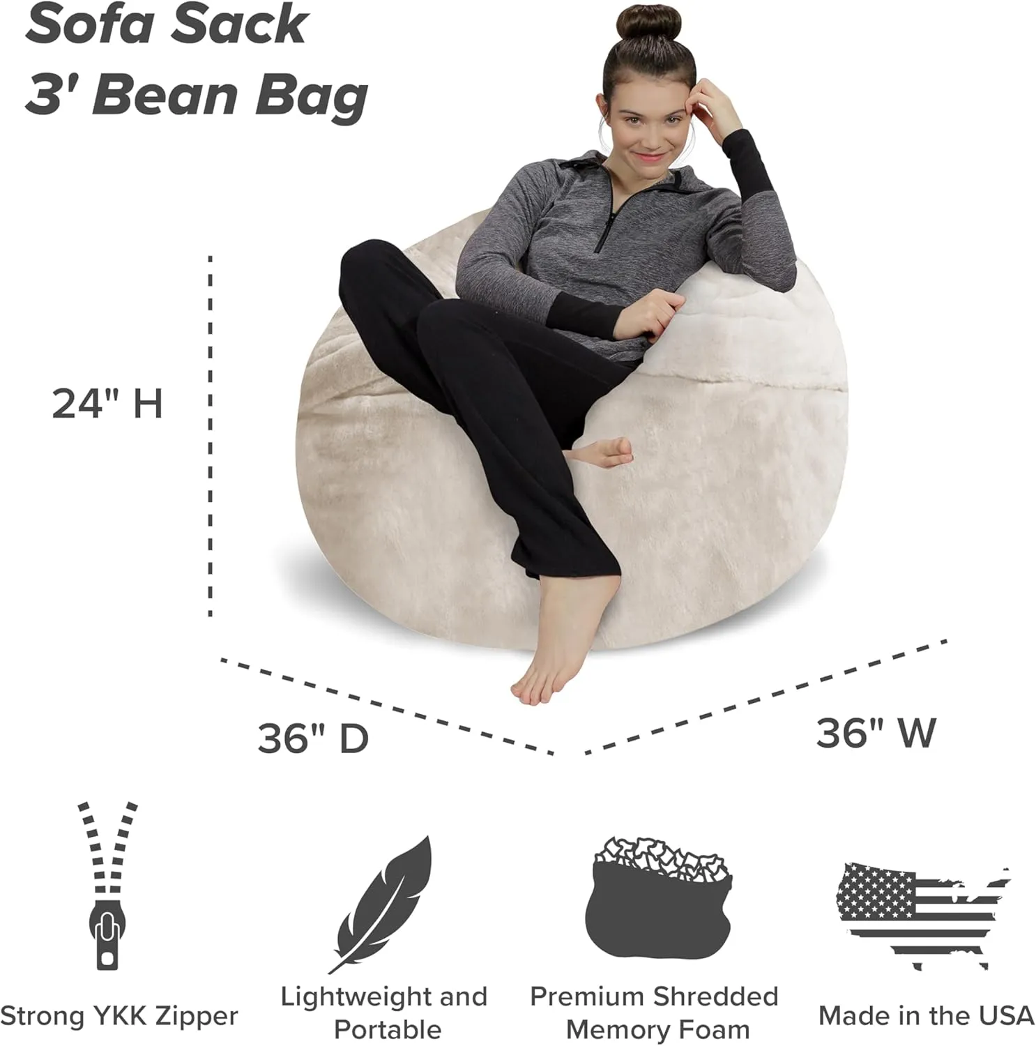 Sofa Sack Bean Bag Chair - Plush, Ultra Soft - Memory Foam Bean Bag Chair with Faux Rabbit Fur Cover - Stuffed Foam Filled Furniture and Accessories for Dorm Room 3 Feet - Cream