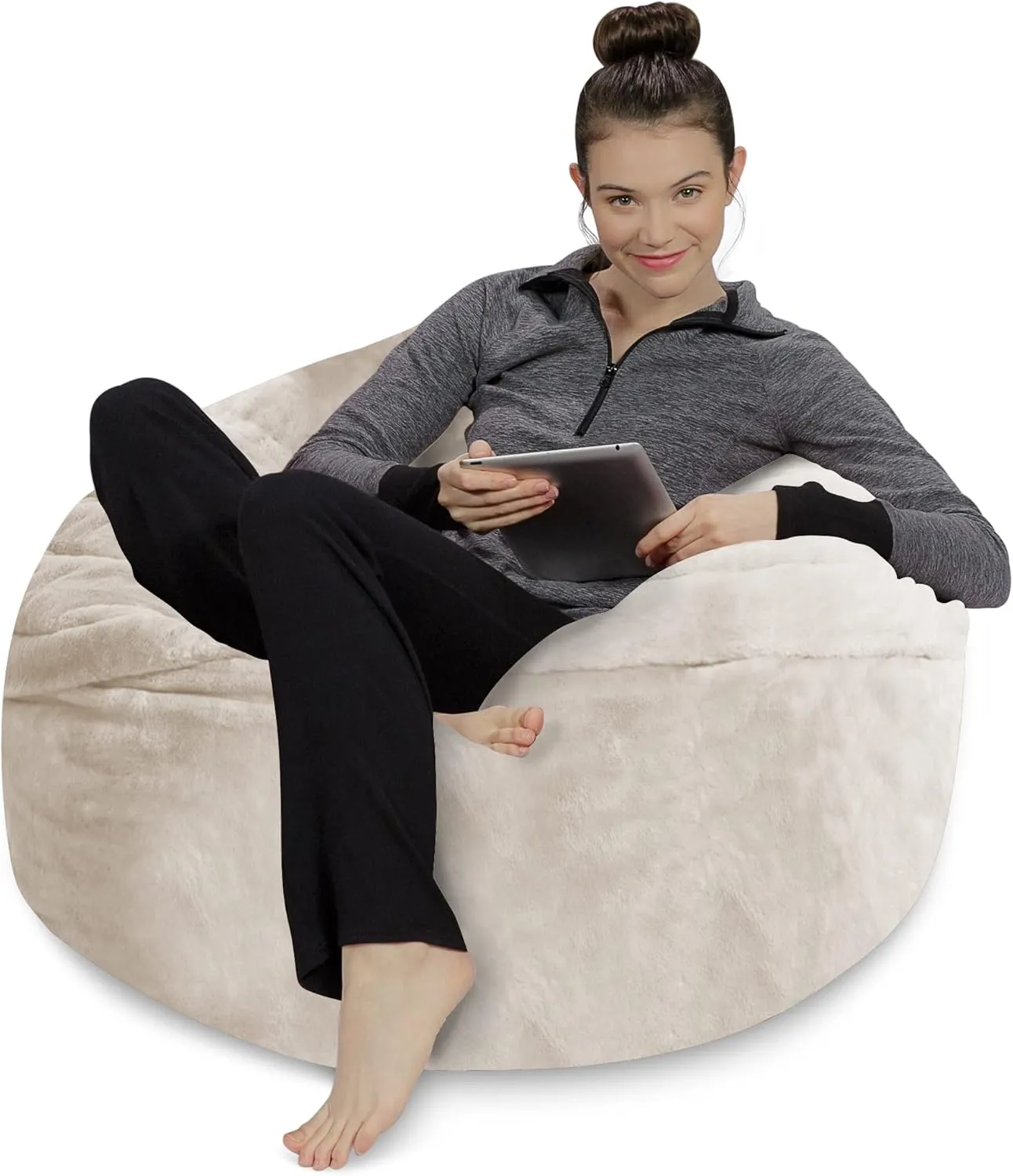Sofa Sack Bean Bag Chair - Plush, Ultra Soft - Memory Foam Bean Bag Chair with Faux Rabbit Fur Cover - Stuffed Foam Filled Furniture and Accessories for Dorm Room 3 Feet - Cream
