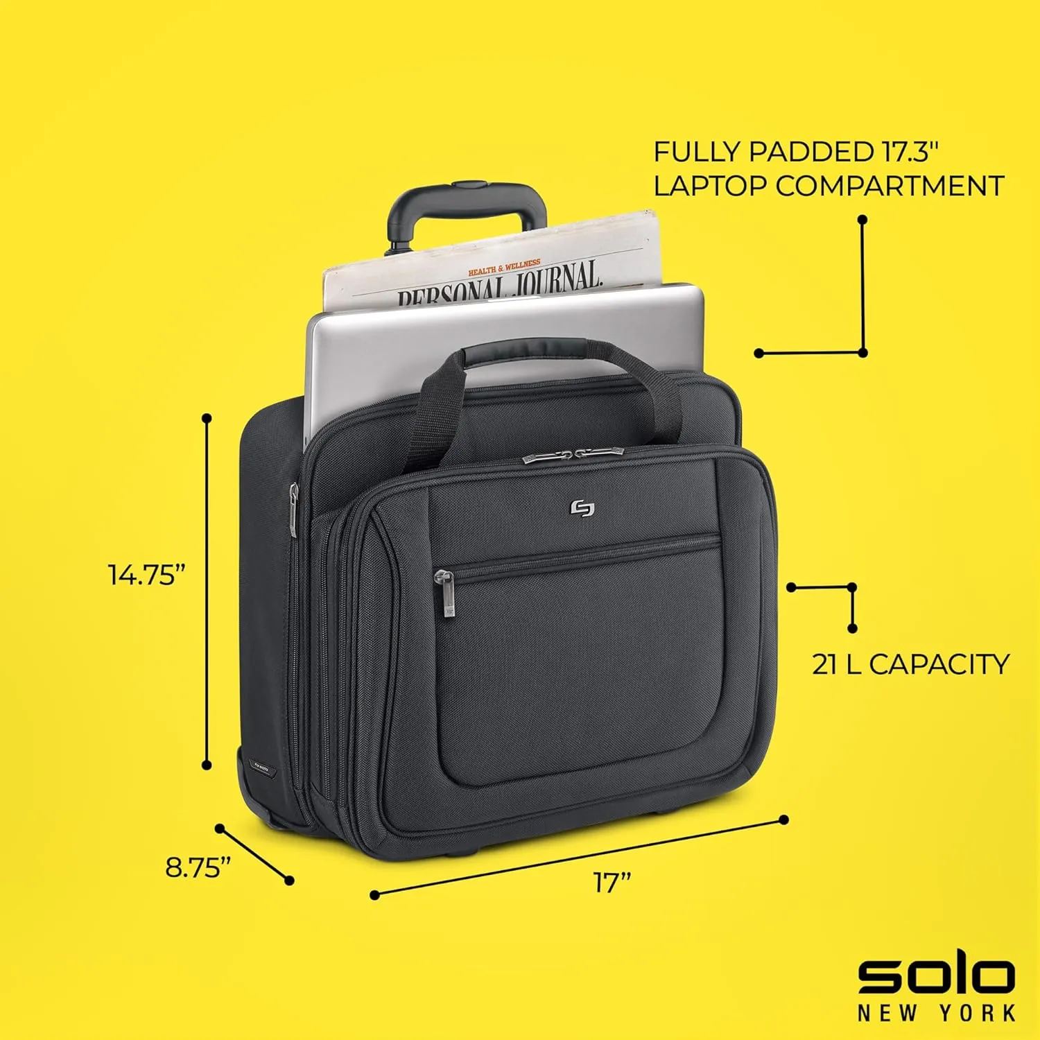 Solo New York Bryant Rolling Laptop Bag with Wheels,Fits Up to 17.3-Inch Laptop,Travel Friendly Wheeled Briefcase for Women and Men with Telescoping Handle, Black, 14" x 16.8" x 5" (PT136-4)