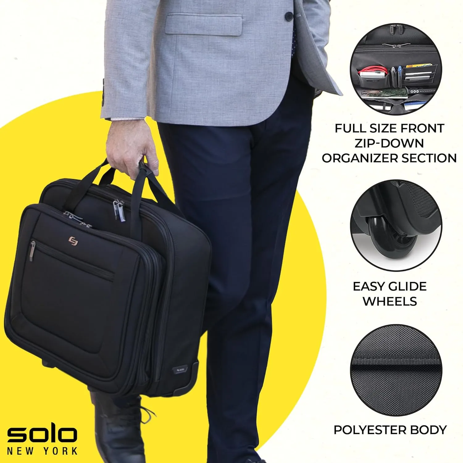 Solo New York Bryant Rolling Laptop Bag with Wheels,Fits Up to 17.3-Inch Laptop,Travel Friendly Wheeled Briefcase for Women and Men with Telescoping Handle, Black, 14" x 16.8" x 5" (PT136-4)