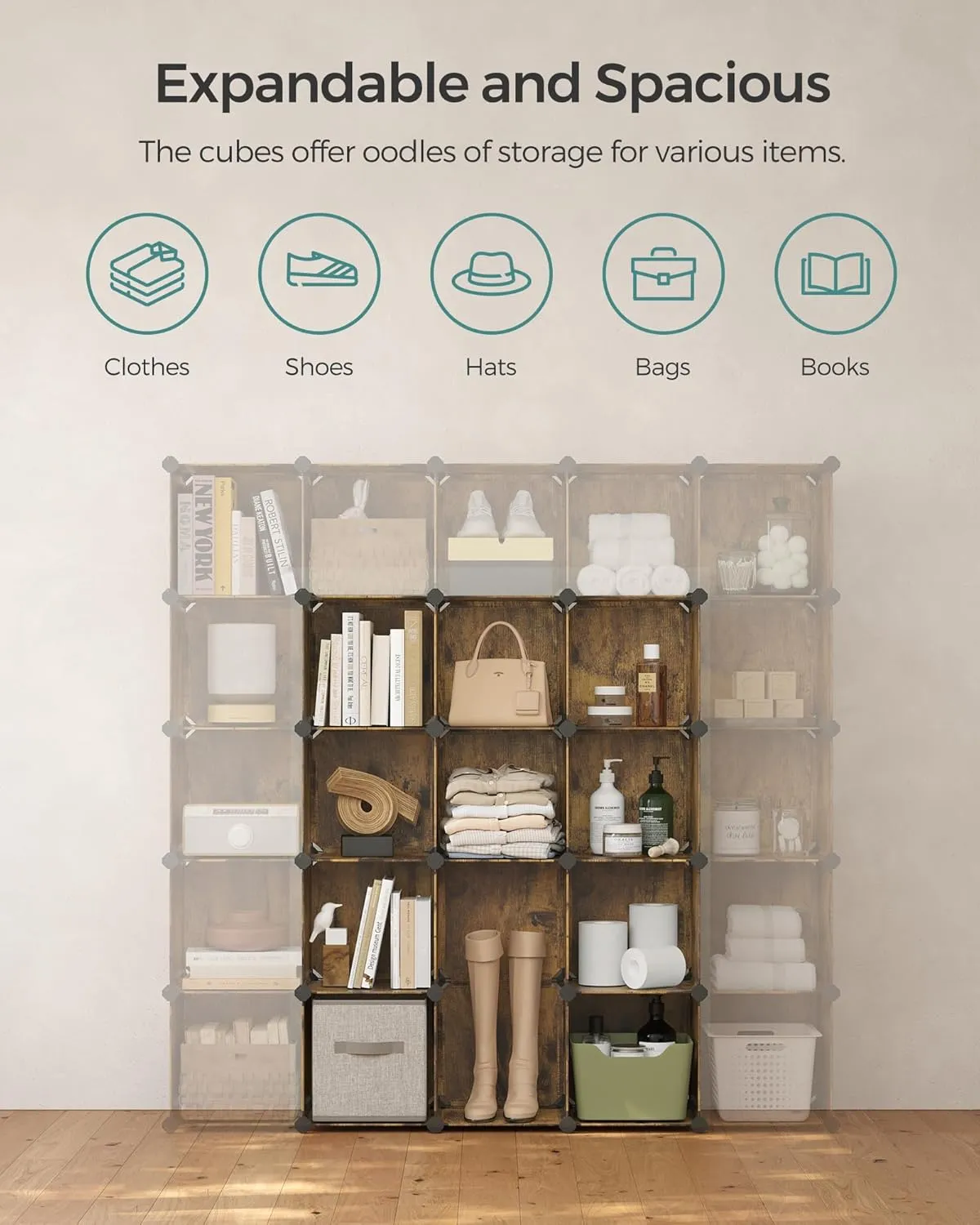 SONGMICS Cube Storage Organizer, Set of 16 Plastic Cubes, Closet Organizers and Storage, Room Organization, Bedroom Living Room, 12.2 x 48.4 x 48.4 Inches, Rustic Brown ULPC442A01