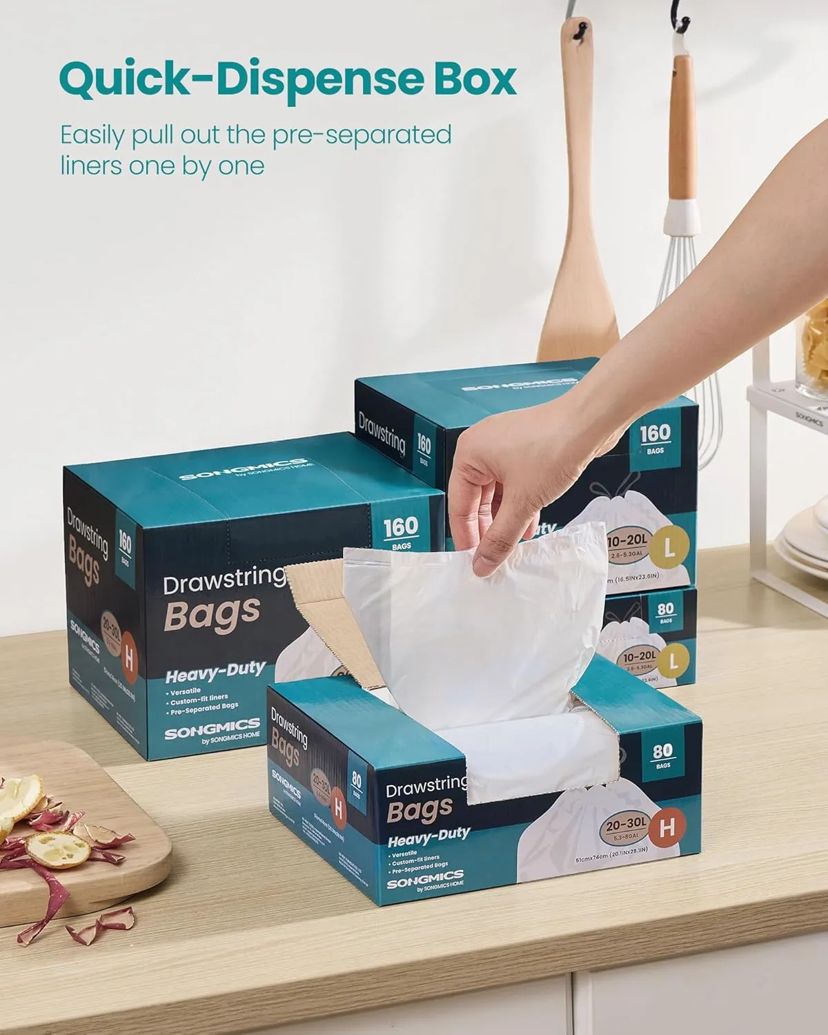 SONGMICS Trash Bags, 8-Gallon Heavy-Duty Garbage Bags with Drawstrings, 80 Count, Liner Code H, Quick-Dispense Box, Cream White UKRB031A02