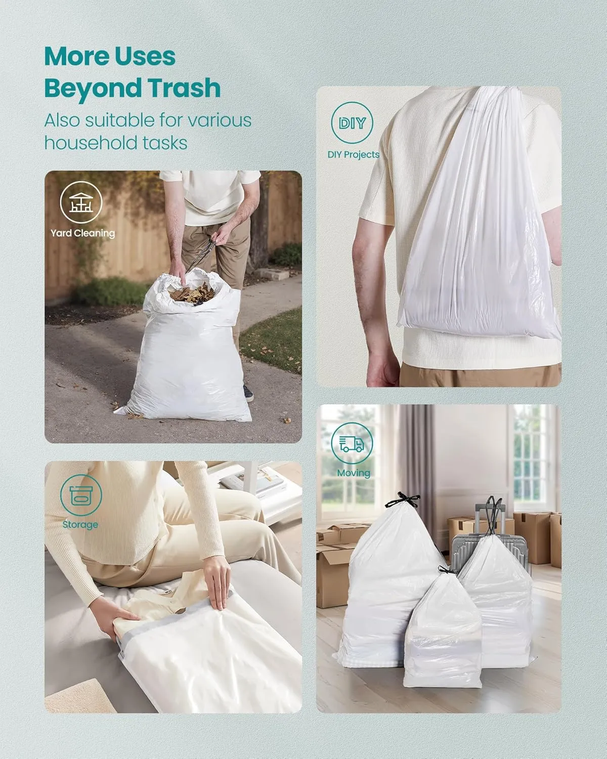 SONGMICS Trash Bags, 8-Gallon Heavy-Duty Garbage Bags with Drawstrings, 80 Count, Liner Code H, Quick-Dispense Box, Cream White UKRB031A02