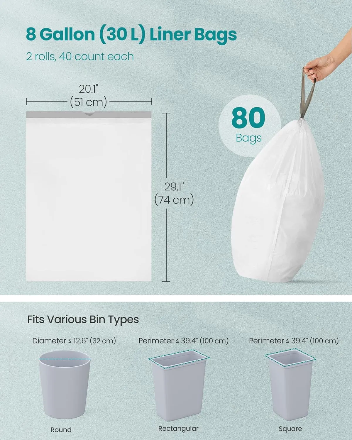 SONGMICS Trash Bags, 8-Gallon Heavy-Duty Garbage Bags with Drawstrings, 80 Count, Liner Code H, Quick-Dispense Box, Cream White UKRB031A02
