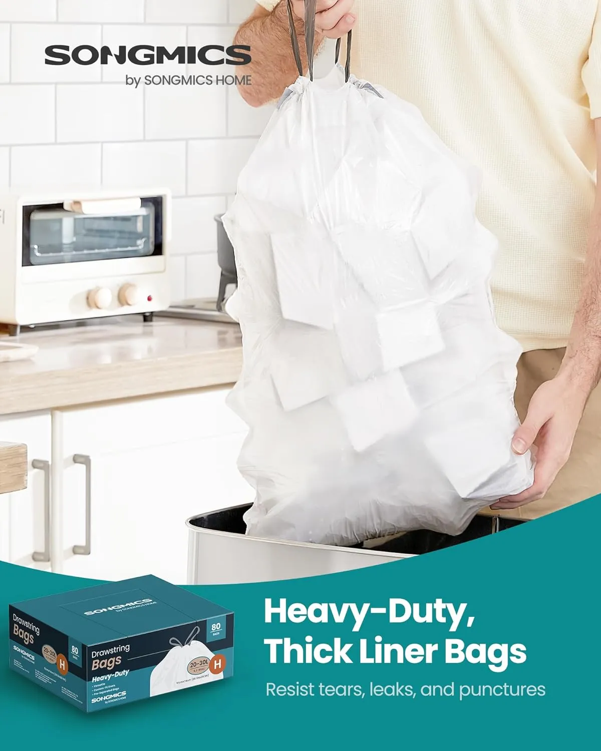 SONGMICS Trash Bags, 8-Gallon Heavy-Duty Garbage Bags with Drawstrings, 80 Count, Liner Code H, Quick-Dispense Box, Cream White UKRB031A02