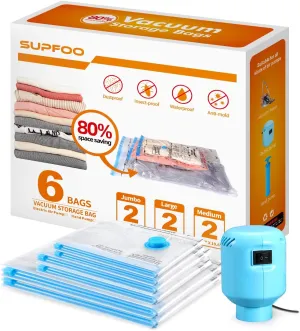 Space Saver Vacuum Storage Bags with Electric Pump,6 Pack(2 Jumbo/2 Large/2 Medium) Double Zip Seal,Vacuum Seal Bags Fit Clothes,Comforters,Blankets,Mattress,Duvets,Pillows,Travel