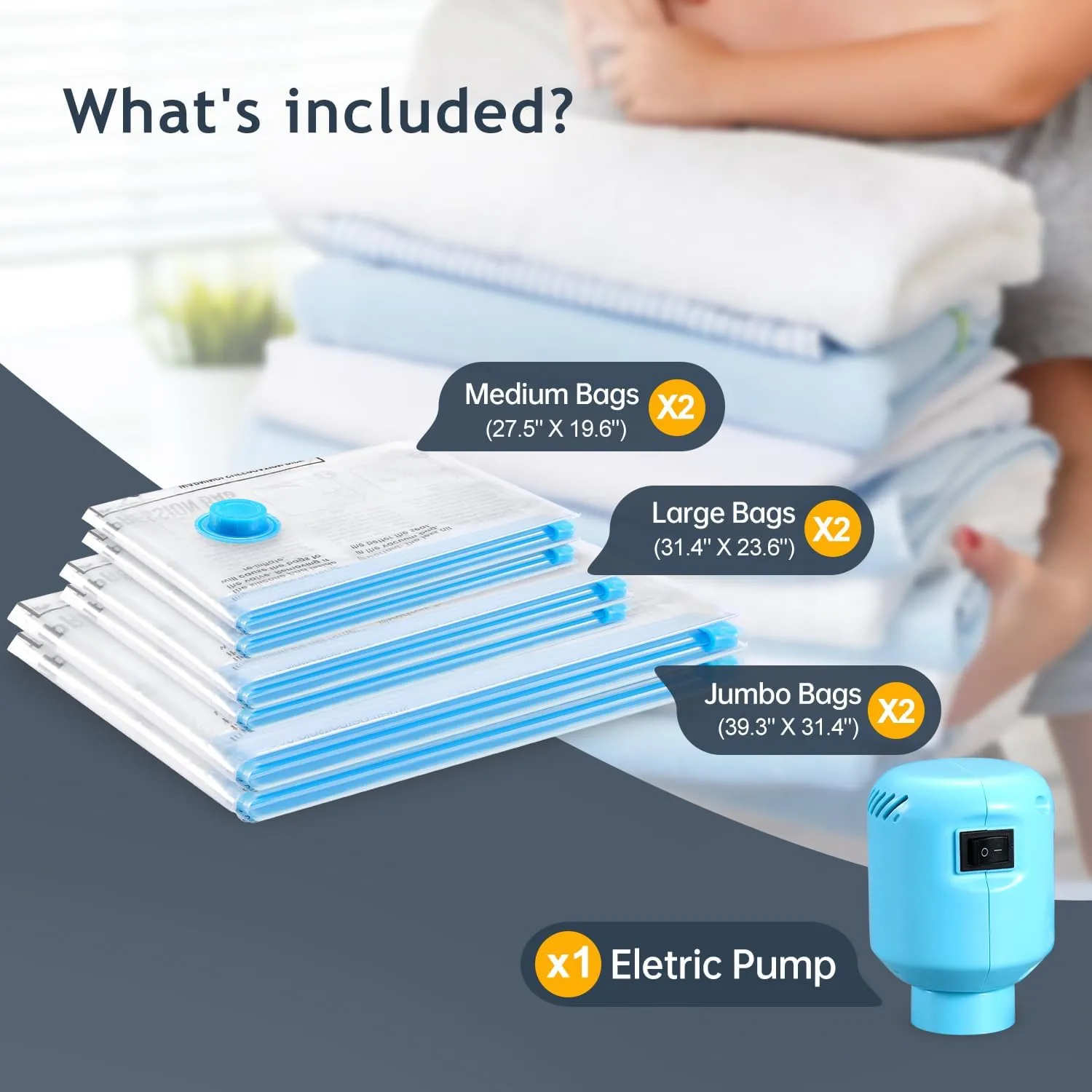Space Saver Vacuum Storage Bags with Electric Pump,6 Pack(2 Jumbo/2 Large/2 Medium) Double Zip Seal,Vacuum Seal Bags Fit Clothes,Comforters,Blankets,Mattress,Duvets,Pillows,Travel