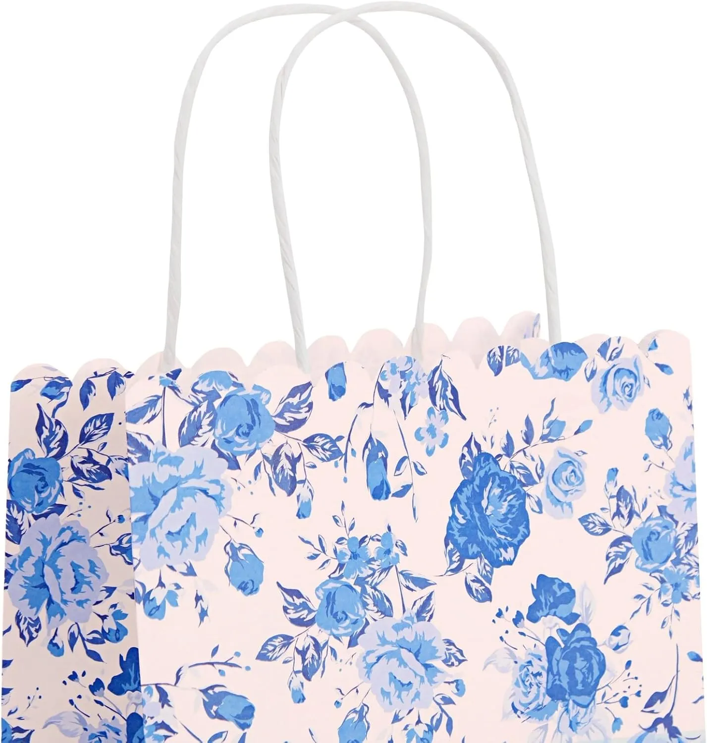Sparkle and Bash 24-Pack Floral Gift Bags with Handles for Birthdays, Weddings, Bridal or Baby Showers - Rose Flower Print, Blue (8 x4x10 In)