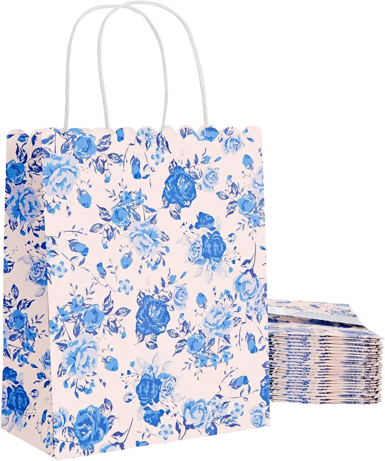 Sparkle and Bash 24-Pack Floral Gift Bags with Handles for Birthdays, Weddings, Bridal or Baby Showers - Rose Flower Print, Blue (8 x4x10 In)
