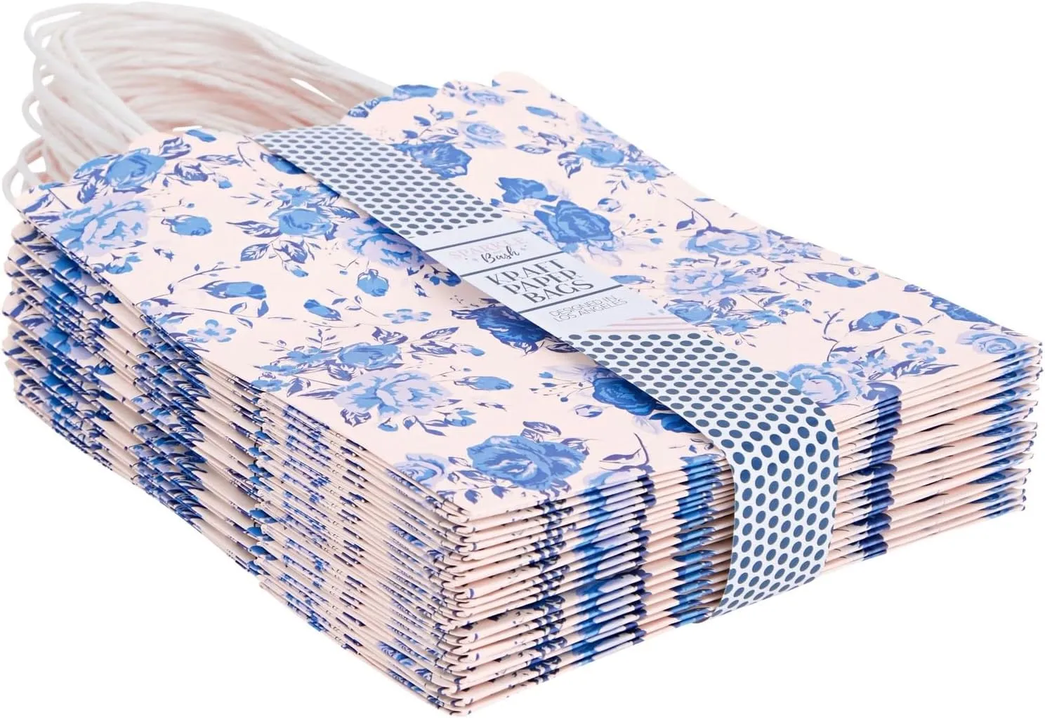 Sparkle and Bash 24-Pack Floral Gift Bags with Handles for Birthdays, Weddings, Bridal or Baby Showers - Rose Flower Print, Blue (8 x4x10 In)