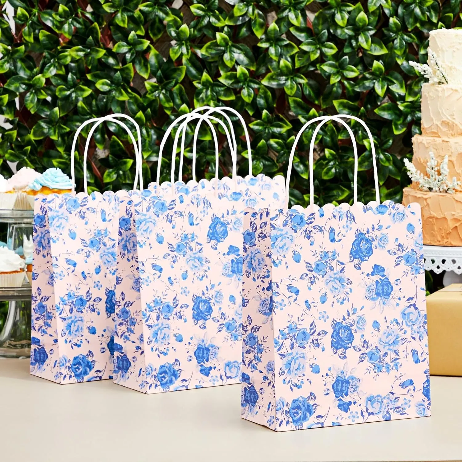 Sparkle and Bash 24-Pack Floral Gift Bags with Handles for Birthdays, Weddings, Bridal or Baby Showers - Rose Flower Print, Blue (8 x4x10 In)
