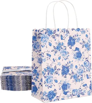 Sparkle and Bash 24-Pack Floral Gift Bags with Handles for Birthdays, Weddings, Bridal or Baby Showers - Rose Flower Print, Blue (8 x4x10 In)